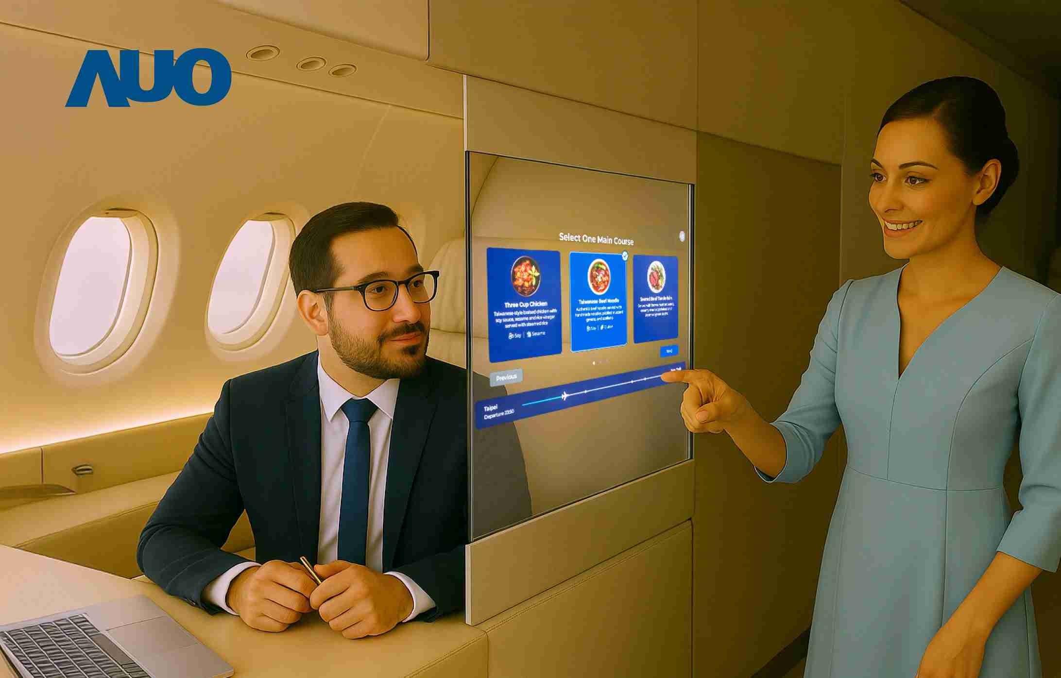 PG国际研发全球最薄17.3 吋双面透明 Micro LED 显示器，，，，可在同一屏幕之双边投射不同信息，，，创造独特的”透明化”互动；图为实时翻译交流应用情境